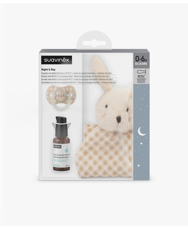 SUAVINEX SET NIGHTS MOMENTS CHUPETE + ACEITE MASAJE + PELUCHE